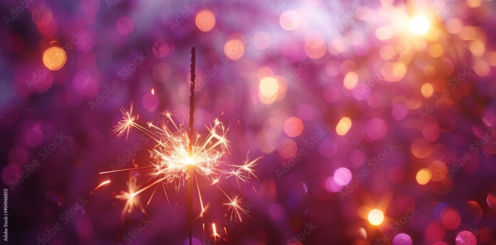 Obraz premium Close-up of a glowing sparkler with vibrant purple background and bokeh lights
