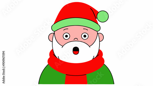 Surprised Santa Claus Vector Line Art: Christmas Hat & Scarf on White Background