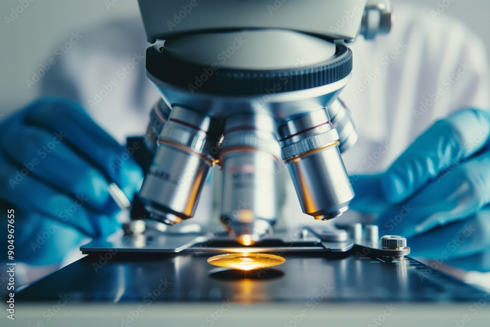 A close-up of the microscope's lens, with scientist hands wearing blue gloves holding it over an empty plate in a laboratory setting A close-up of the microscope's lens, with scientist hands wearing blue gloves holding it over an empty plate in a laboratory setting