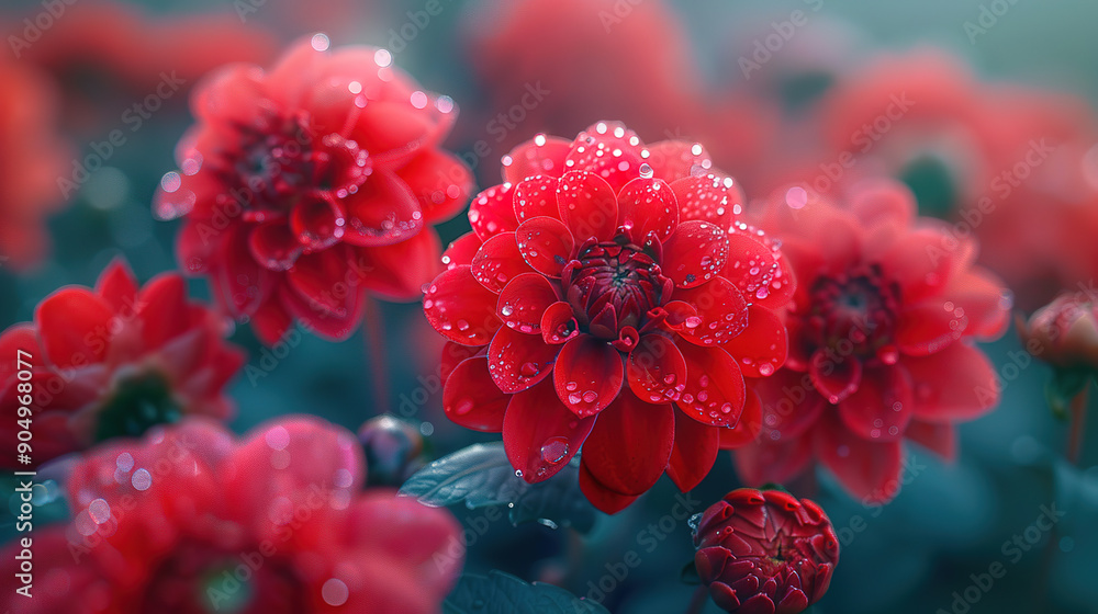 Many red dahlias, brightly colored, with a few dew drops on the flowers. The background is in a vast garden. macro photography Many red dahlias, brightly colored, with a few dew drops on the flowers. The background is in a vast garden. macro photography