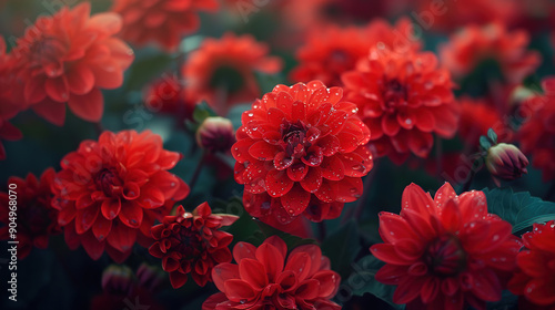 Many red dahlias, brightly colored, with a few dew drops on the flowers. The background is in a vast garden. macro photography  © Uwe