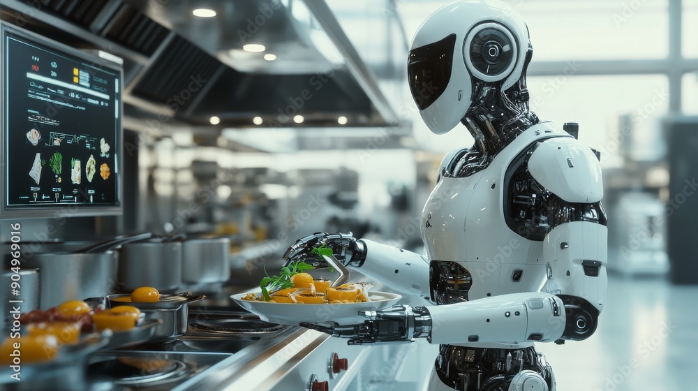 Futuristic Robotic Chef with Advanced AI Preparing Gourmet Dishes in Ultra-Modern Kitchen Futuristic Robotic Chef with Advanced AI Preparing Gourmet Dishes in Ultra-Modern Kitchen