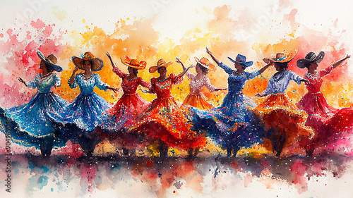 Watercolor vibrant floats parade traditional Hispanic dancers musicians heritage photo