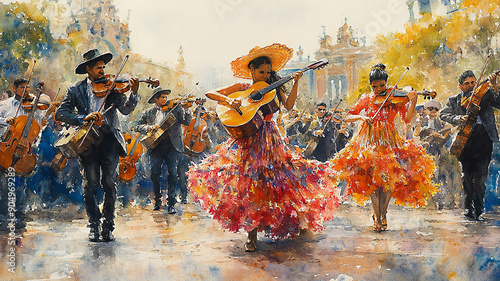 Vibrant floats watercolor traditional Hispanic dancers musicians parade celebrating heritage photo