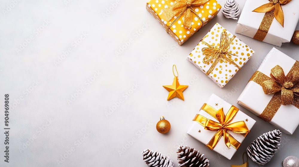 Festive Golden White Gift Boxes Pinecones Christmas Star Decorations Ornaments Festive Golden White Gift Boxes Pinecones Christmas Star Decorations Ornaments