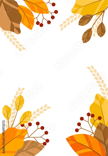 秋の紅葉した葉っぱや木の実の背景イラスト素材 ベクター 白背景