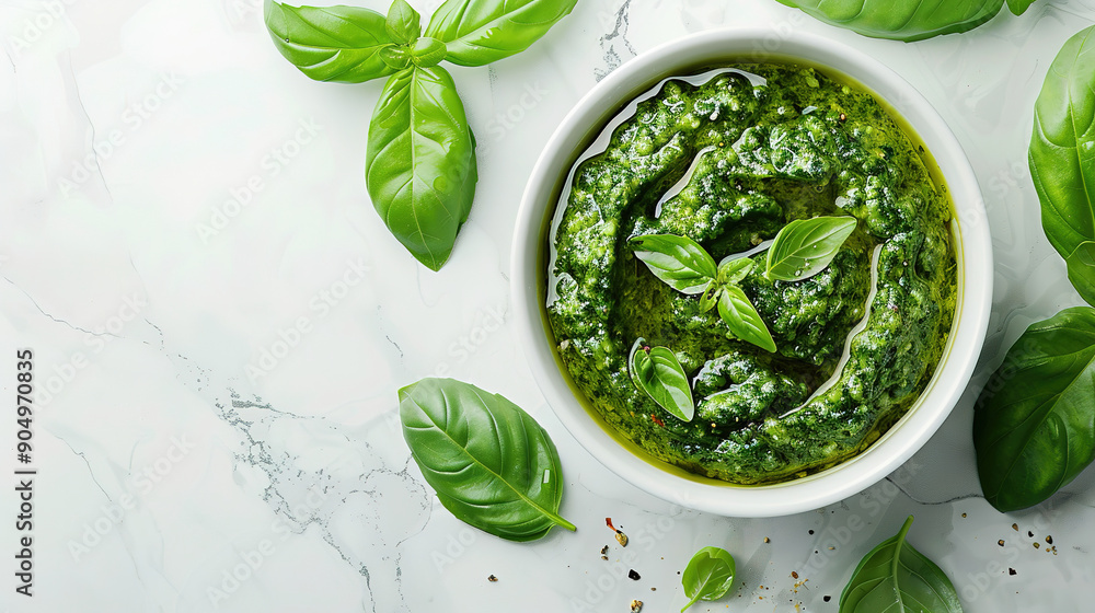 Obraz premium Pesto in bowl on light marble table , with empty copy Space 