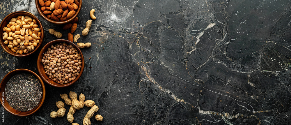 Sesame seeds, sunflower and peanuts in caramel, dark marble table, with empty copy space Sesame seeds, sunflower and peanuts in caramel, dark marble table, with empty copy space