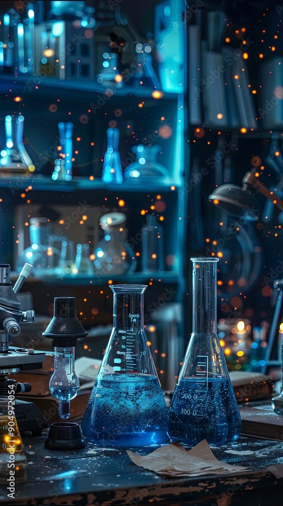 Science lab with beakers, microscopes, and experiment setups Science lab with beakers, microscopes, and experiment setups