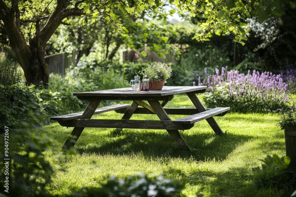 A Rustic Picnic Table in a Tranquil Garden A Rustic Picnic Table in a Tranquil Garden