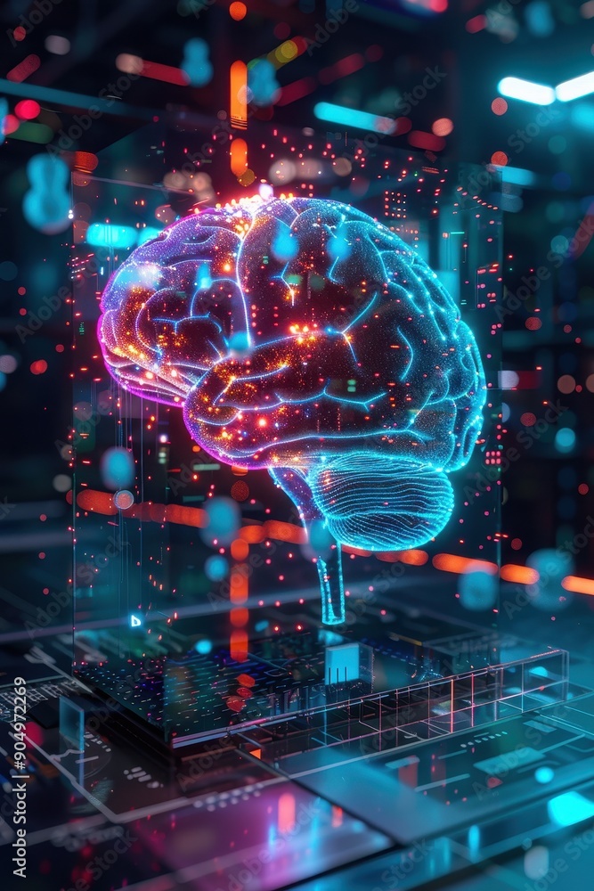 Futuristic Digital Brain Hologram with Neon Lights and Data Streams in a High-Tech Environment Futuristic Digital Brain Hologram with Neon Lights and Data Streams in a High-Tech Environment