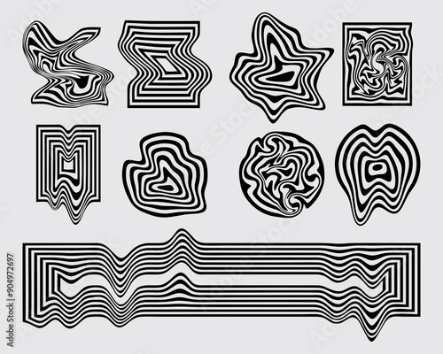 Melted monochrome acid stripeline illusion isolated elements collection asset bundel vector clip art poster editable 