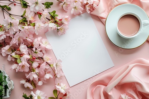 Top view on white list paper on a pink background with flowers. Concept of calm and relaxation photo