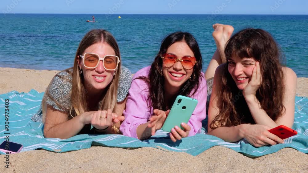 Portrait three young woman using smartphone app on the beach looking at camera Portrait three young woman using smartphone app on the beach looking at camera