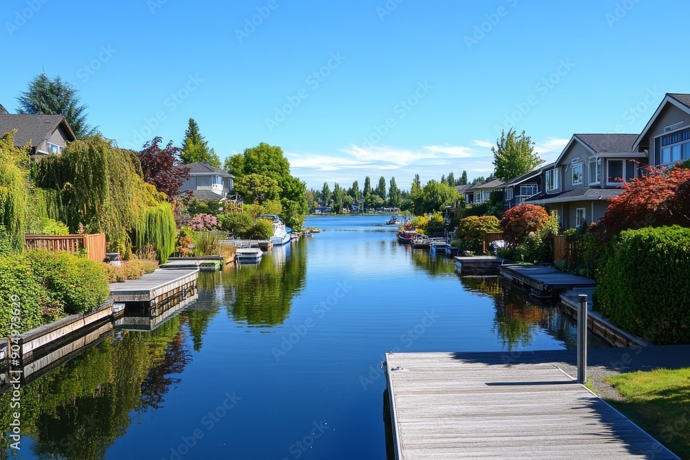 Serene Canal View with Homes and Docks Serene Canal View with Homes and Docks