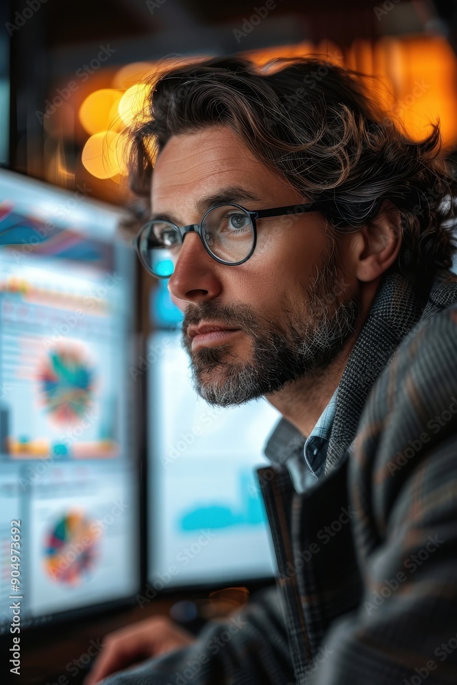 Focused Professional Man Working on Computer with Data Analytics on Screens in Modern Office Setting Focused Professional Man Working on Computer with Data Analytics on Screens in Modern Office Setting