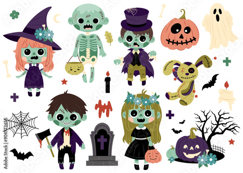 Halloween. A set of cute zombie characters with decorative elements. Funny festive characters. Flat style illustration on white background.
