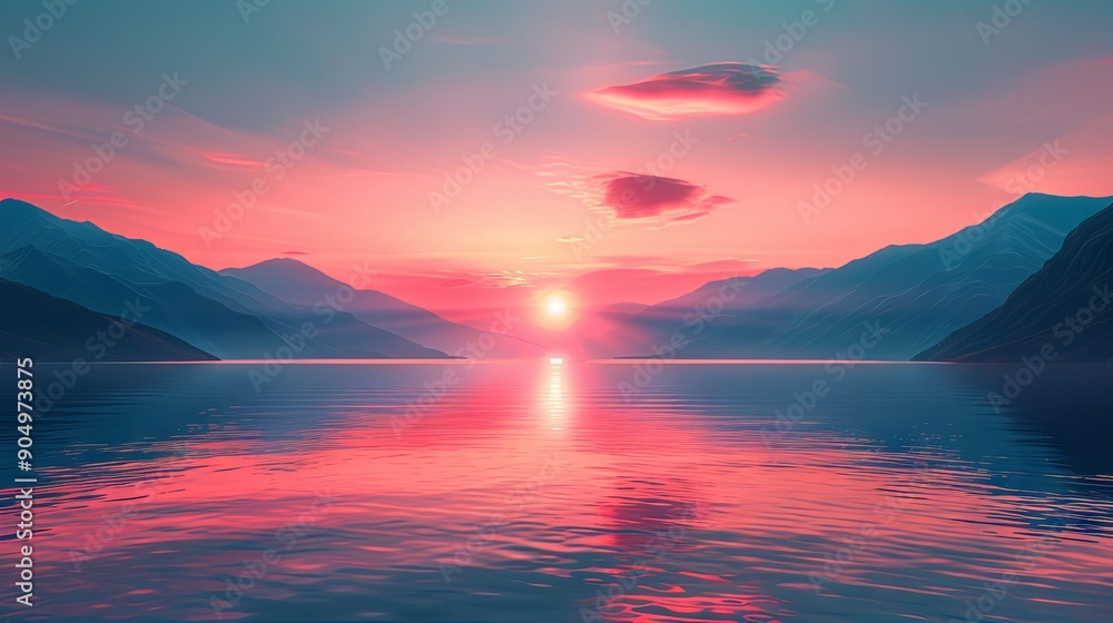 Sunset over a serene lake with mountains in the distance Sunset over a serene lake with mountains in the distance