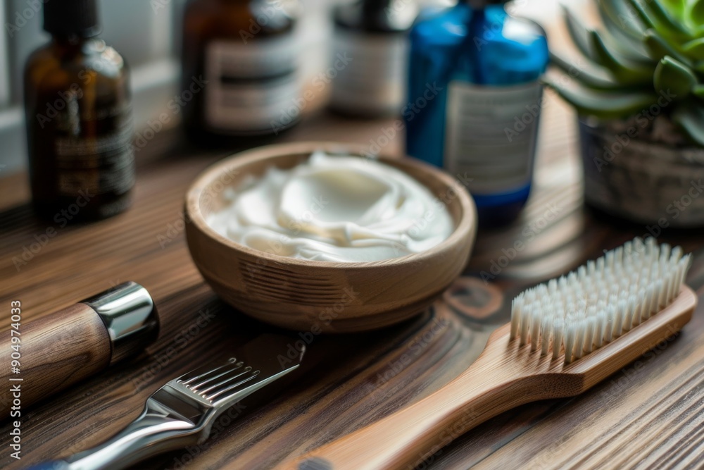 Wooden Bowl of Cream with Wooden Brush and Metal Tools Wooden Bowl of Cream with Wooden Brush and Metal Tools