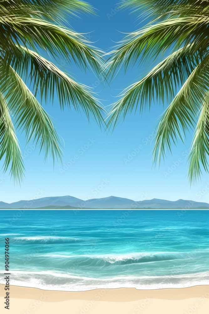 Gentle waves lap against the sandy shore, framed by swaying palm trees and distant mountains under a vibrant blue sky Gentle waves lap against the sandy shore, framed by swaying palm trees and distant mountains under a vibrant blue sky