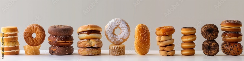 A variety of bagels and donuts arranged in a line on a white background A variety of bagels and donuts arranged in a line on a white background