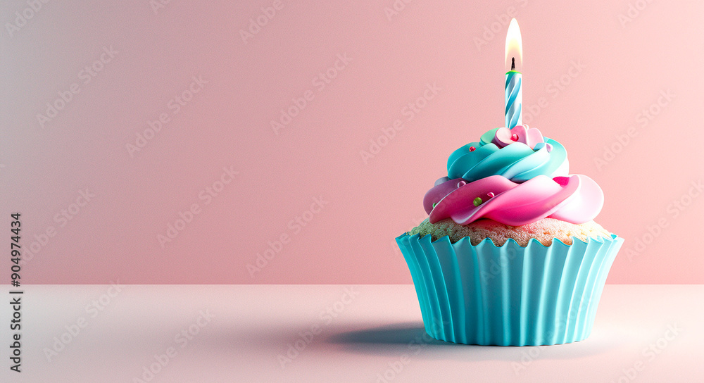 Birthday cupcake with a candle and colorful sprinkles over light gradient background Birthday cupcake with a candle and colorful sprinkles over light gradient background