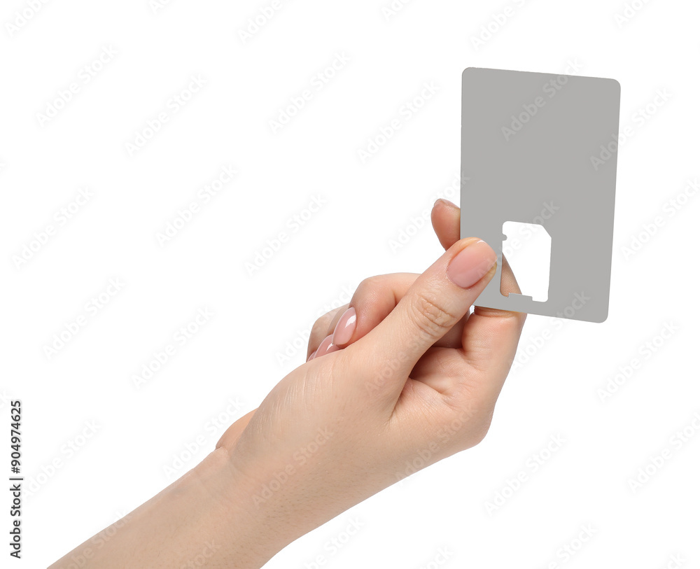 Woman holding SIM card holder on white background, closeup Woman holding SIM card holder on white background, closeup