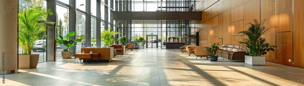 Modern Office Lobby with Large Windows, Indoor Plants, and Comfortable Seating in a Bright and Spacious Environment Modern Office Lobby with Large Windows, Indoor Plants, and Comfortable Seating in a Bright and Spacious Environment