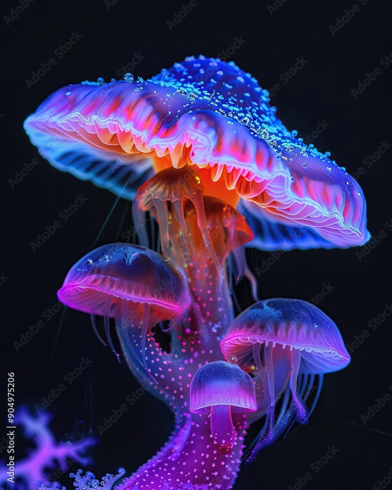 Glowing Mushroom in neon light on a black background. 3d.