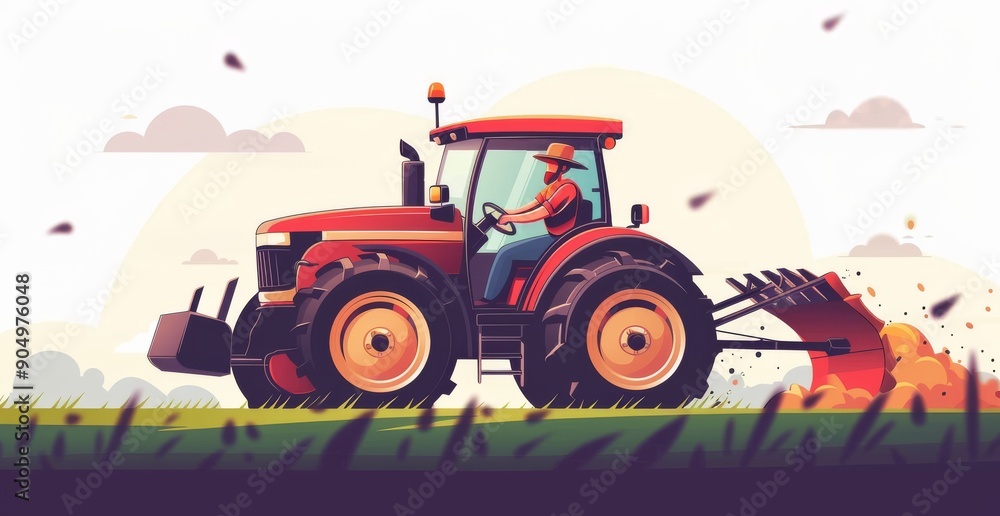 Obraz premium Flat illustration of a farmer driving a red tractor in a farmland setting