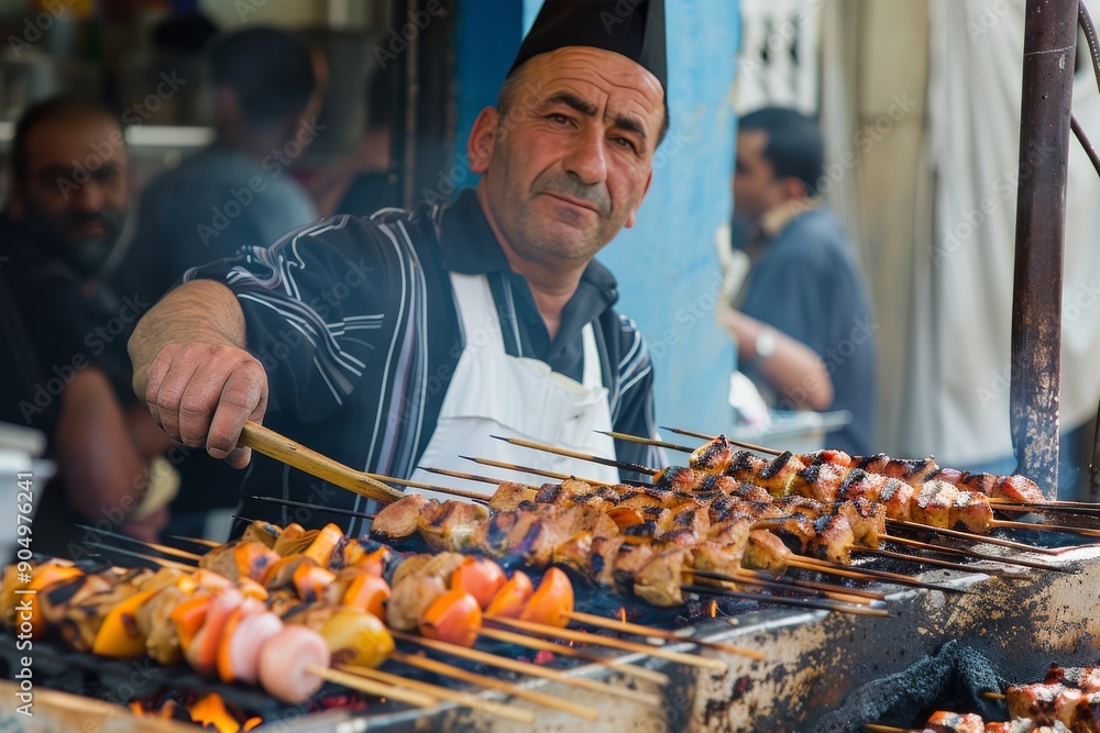 Street Food Vendor Grilling Kebabs in Morocco Street Food Vendor Grilling Kebabs in Morocco