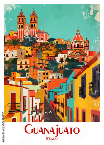 Guanajuato Mexico Poster Illustration Travel Print Decor Gift Paper Canvas Wall Retro Art