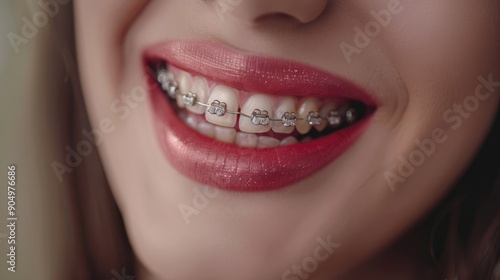 Close-up of a smiling mouth with braces on teeth, glossy lips, and smooth skin, on a light background. photo