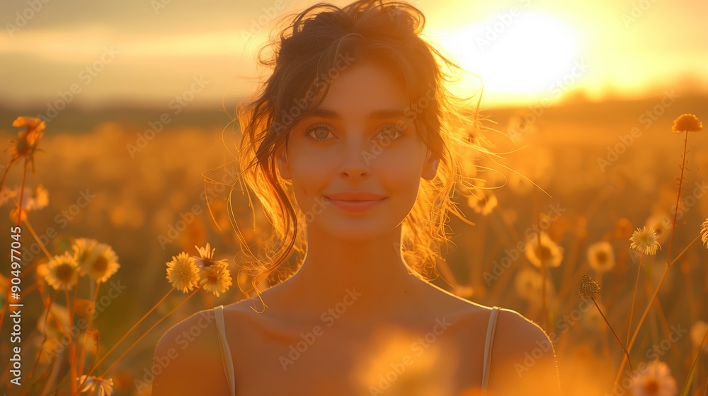 Golden Hour Portrait of a Woman Surrounded by Sunflowers in a Field at Dusk Golden Hour Portrait of a Woman Surrounded by Sunflowers in a Field at Dusk