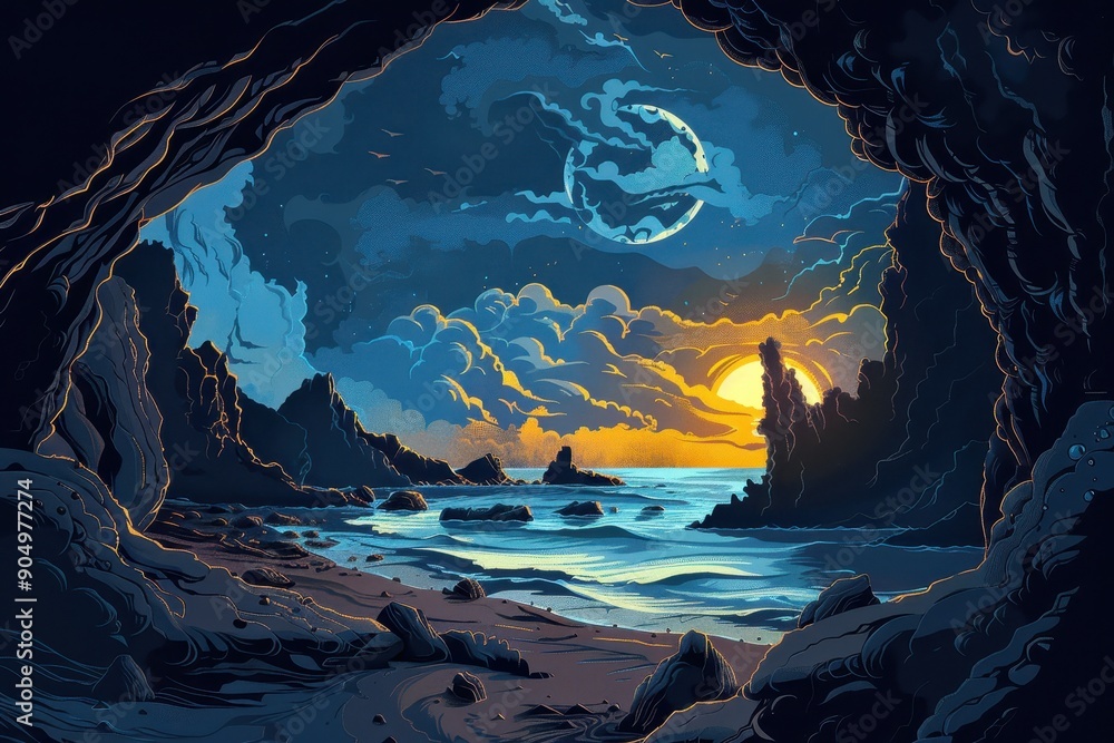 Rocky Beach at Sunset as Seen from a Cave Rocky Beach at Sunset as Seen from a Cave