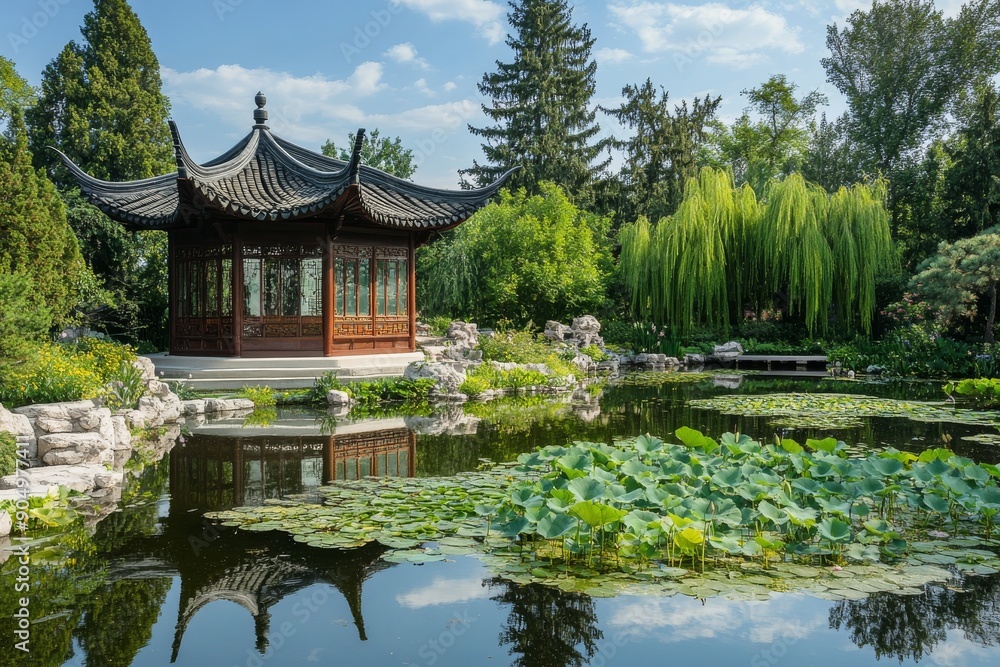 Traditional Chinese Pavilion Reflecting in a Serene Pond Traditional Chinese Pavilion Reflecting in a Serene Pond