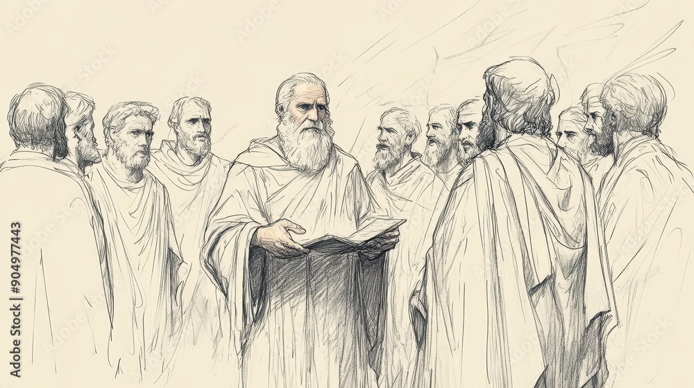 Newly Appointed Judges Resolving Disputes Among Israelites, with Moses Overseeing - Biblical Illustration, Bible Wall Art, Beige Background - Exodus Jethro's Visit Newly Appointed Judges Resolving Disputes Among Israelites, with Moses Overseeing - Biblical Illustration, Bible Wall Art, Beige Background - Exodus Jethro's Visit
