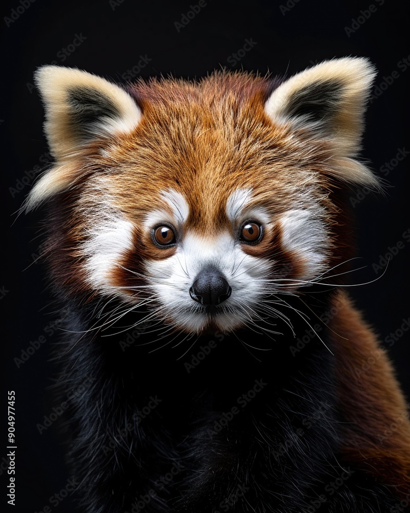 Red panda on black background, close-up portrait. Red panda on black background, close-up portrait.