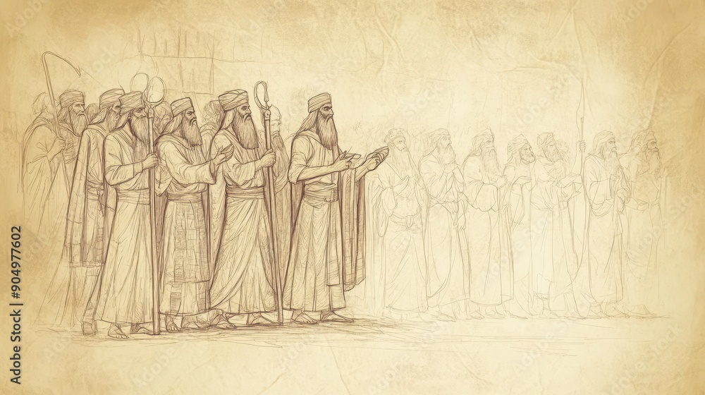Obraz premium Bezalel and Oholiab,Moses Presenting Bezalel and Oholiab to Israelites, Highlighting Their God-Given Talents - Biblical Illustration, Bible Wall Art, Beige Background - Exodus Bezalel and Oholiab