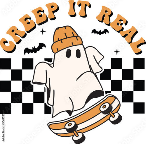 Creep it real Ghost on a skateboard Retro Happy Halloween Fall Spooky Season
