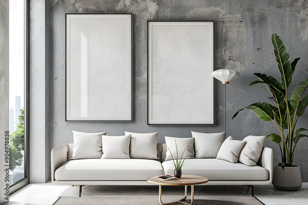 Fototapeta premium Minimalist living room with beige sofa, modern interior design, and wall art