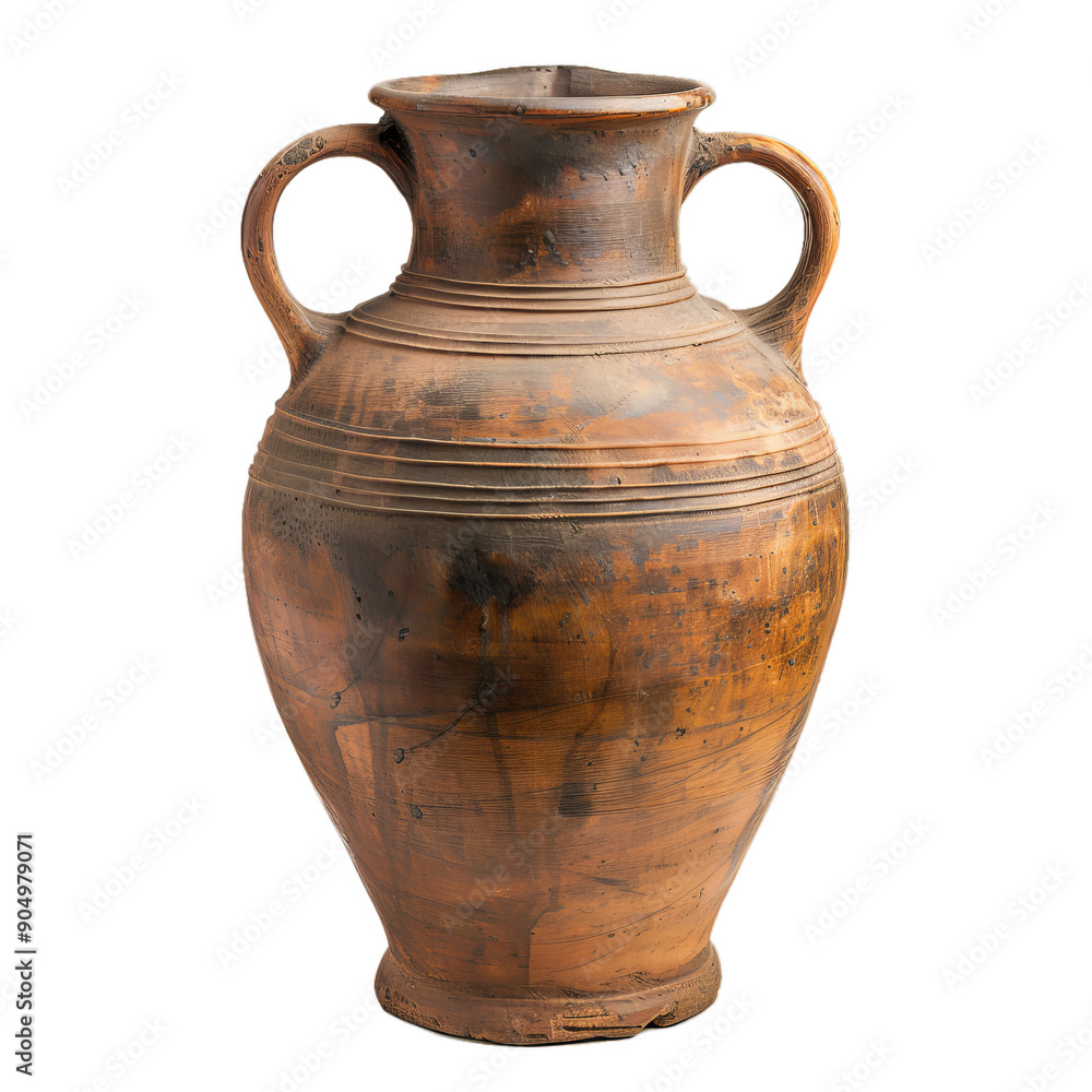 Ancient clay amphora, weathered by time, stands as a testament to history and craftsmanship, isolated against a white backdrop Ancient clay amphora, weathered by time, stands as a testament to history and craftsmanship, isolated against a white backdrop