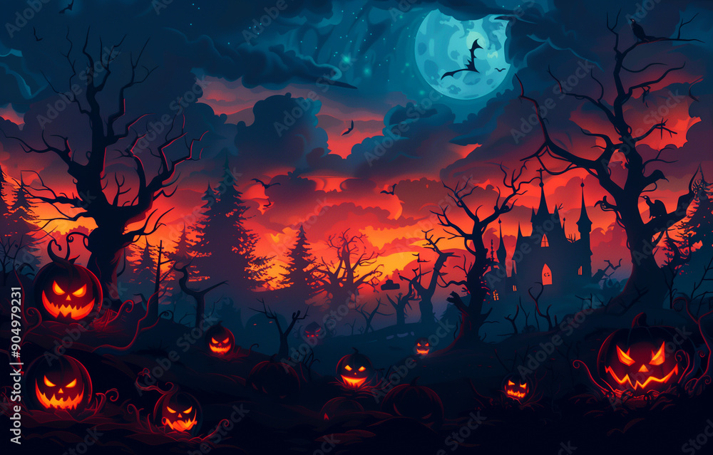 Halloween background with scary pumpkins, a haunted house and spooky trees in the dark night. Halloween background with scary pumpkins, a haunted house and spooky trees in the dark night.