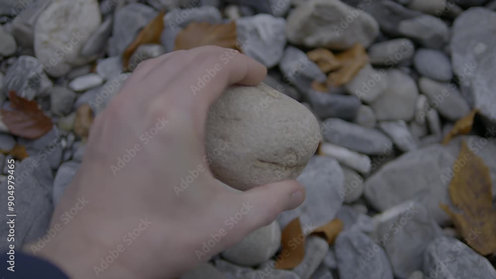 A person is holding a smooth stone by a rocky riverbed covered with autumn leaves A person is holding a smooth stone by a rocky riverbed covered with autumn leaves