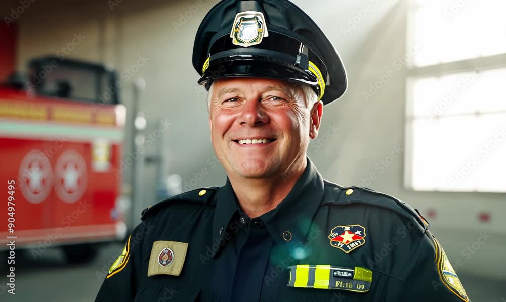 Portrait of a firefighter in uniform with a fire engine in the background Portrait of a firefighter in uniform with a fire engine in the background