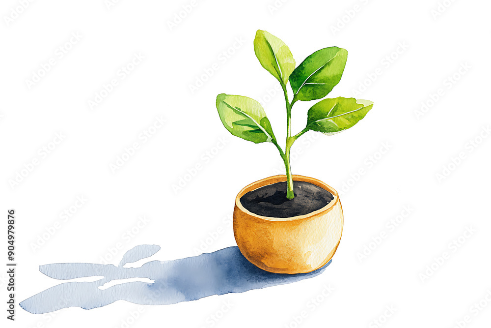 Delicate watercolor painting of a young green plant growing in a small orange pot, symbolizing growth and nature. Delicate watercolor painting of a young green plant growing in a small orange pot, symbolizing growth and nature.