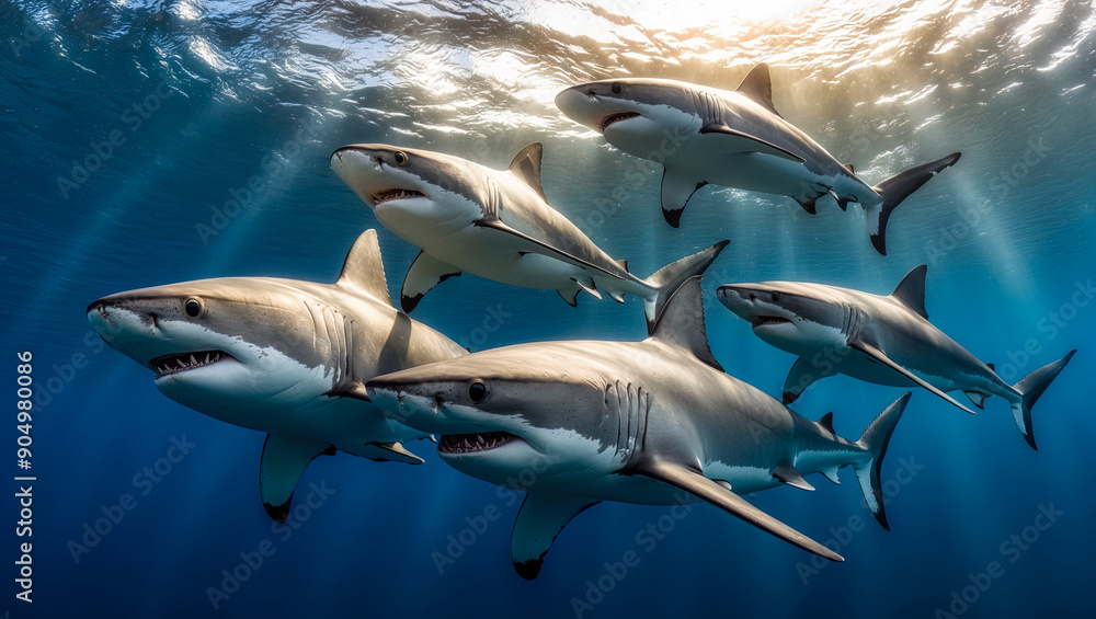 Obraz premium Sharks underwater. A pack of sharks in the blue abyss of the sea. Underwater shark shoal. AI Generated.