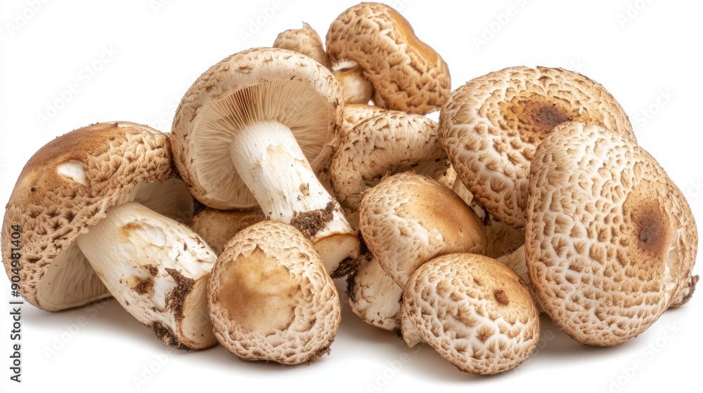 A bunch of fresh Matsutake mushrooms, emphasizing their unique textures and shapes on a white background. A bunch of fresh Matsutake mushrooms, emphasizing their unique textures and shapes on a white background.