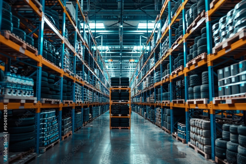 Cinematic warehouse view with car tires, cleaning products, steel beams, natural light, f 4 Cinematic warehouse view with car tires, cleaning products, steel beams, natural light, f 4