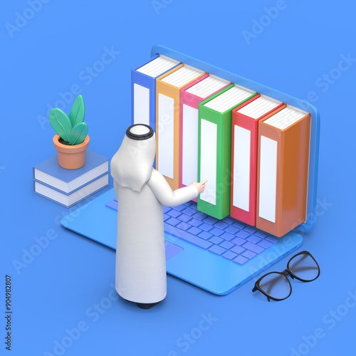 Concept of electronic books. 3D illustration of smiling Arab man Hadi standing in front of laptop and electronic books. Isometric 3D illustration.
 photo